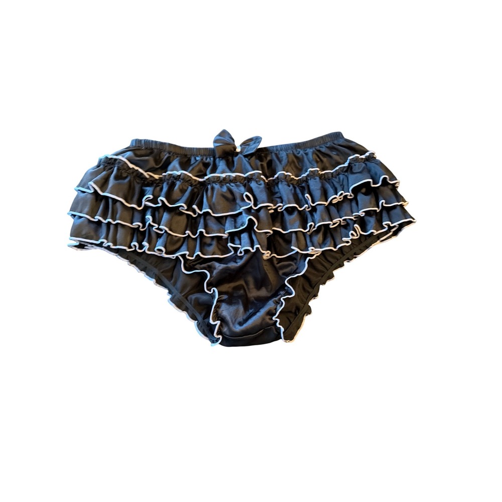 Satini Ruffle Black Satin Frilly Bloomer Shorts Bow Trimmed Briefs Large